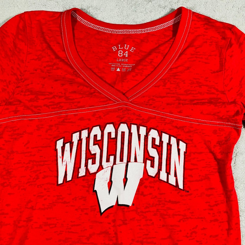 Blue 84 Wisconsin Badgers T-Shirt Women Large Red Burnout V-Neck Jersey Style - Picture 7 of 12